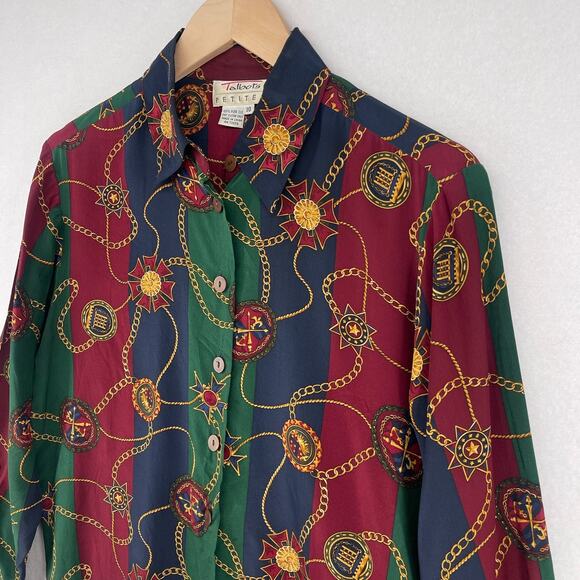 TALBOTS Top 10P Petite Pure Silk Gold Chain Long Sleeve Button Up Blouse Red VTG - Picture 4 of 14